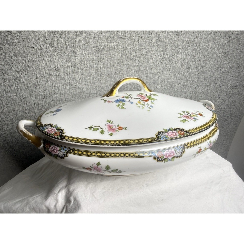 Antique 20s/30s Noritake Floral Pheasant 11" Oval Covered Lidded Serving Dish‎